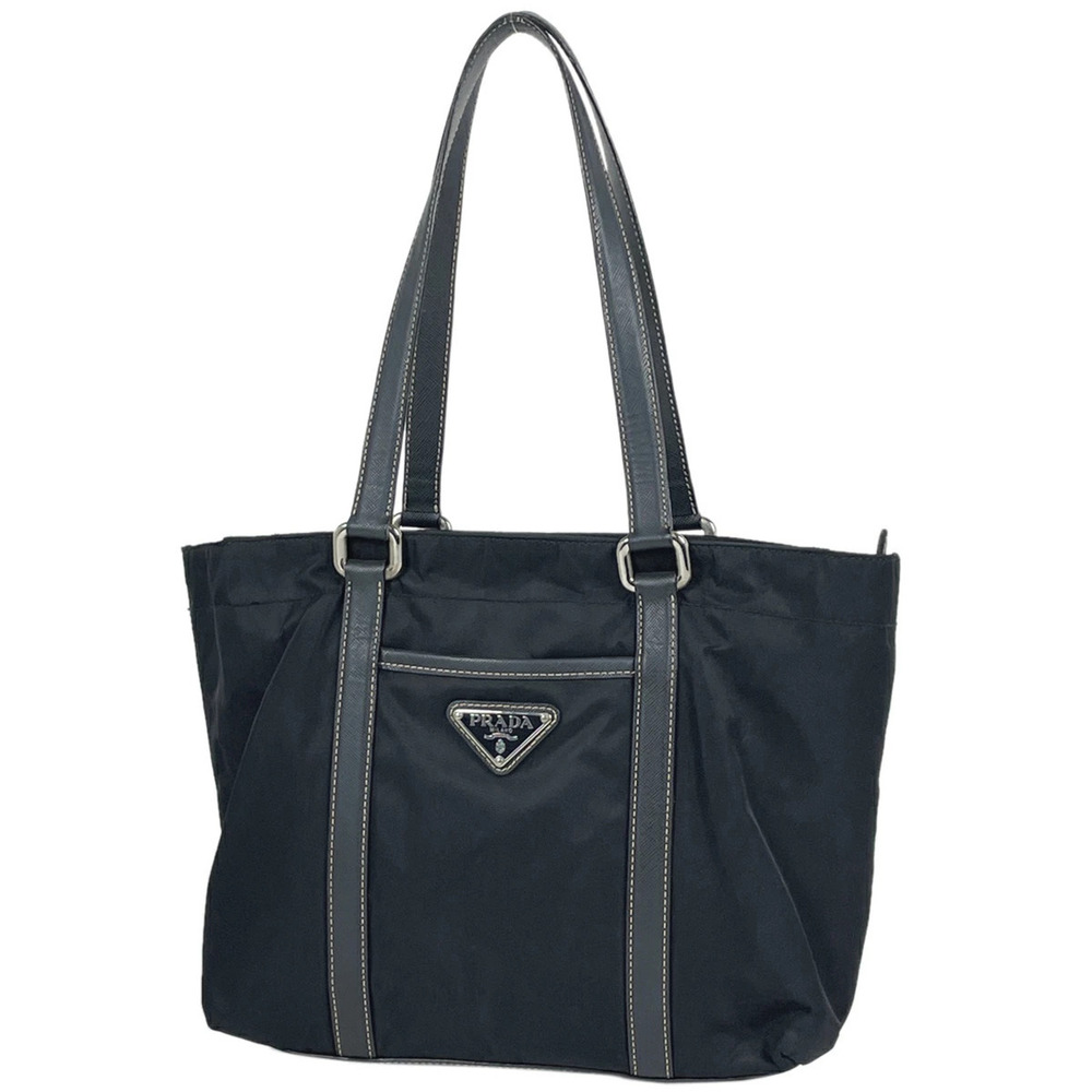 Prada Triangle Logo Plate Tote Bag Shoulder Handbag Tessuto Navy Blue